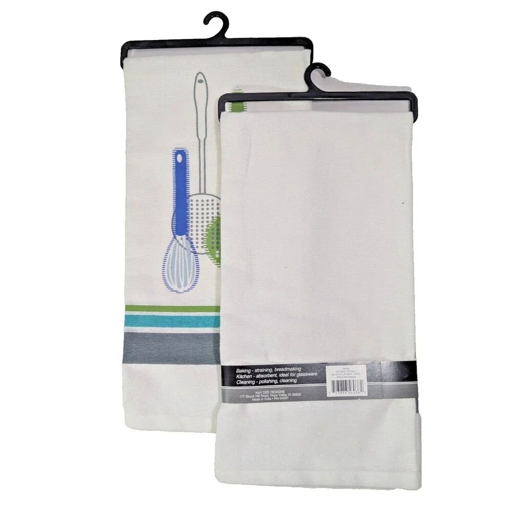Uptown Cafe Flour Sack Towels Kitchen Utensils Blue Green Soft 2-Pc Lint Free